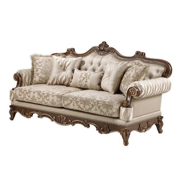 English Elm Lotus Traditional Sofa and Loveseat Set Champagne Gold Fabric with Ornate Wood Frame B009S02447