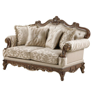 English Elm Lotus Traditional Sofa and Loveseat Set Champagne Gold Fabric with Ornate Wood Frame B009S02447