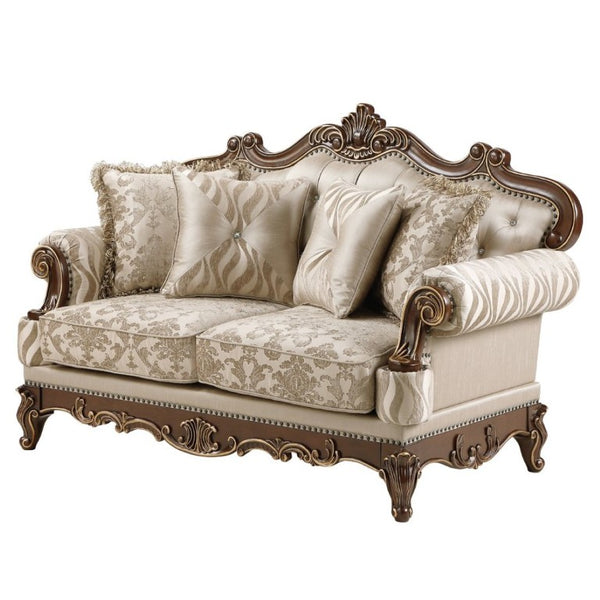 English Elm Lotus Traditional Sofa and Loveseat Set Champagne Gold Fabric with Ornate Wood Frame B009S02447