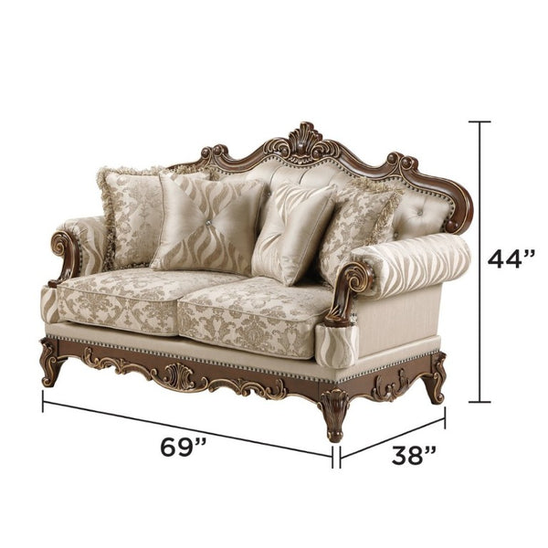 English Elm Lotus Traditional Sofa and Loveseat Set Champagne Gold Fabric with Ornate Wood Frame B009S02447