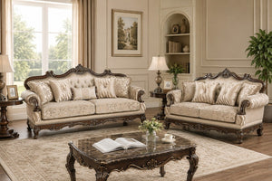 English Elm Lotus Traditional Sofa and Loveseat Set Champagne Gold Fabric with Ornate Wood Frame B009S02447