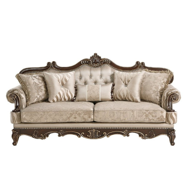 English Elm Lotus Traditional Sofa and Loveseat Set Champagne Gold Fabric with Ornate Wood Frame B009S02447
