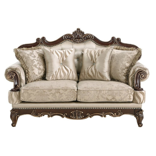 English Elm Lotus Traditional Sofa and Loveseat Set Champagne Gold Fabric with Ornate Wood Frame B009S02447