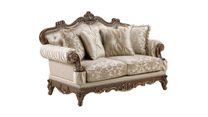 English Elm Lotus Traditional Sofa and Loveseat Set Champagne Gold Fabric with Ornate Wood Frame B009S02447