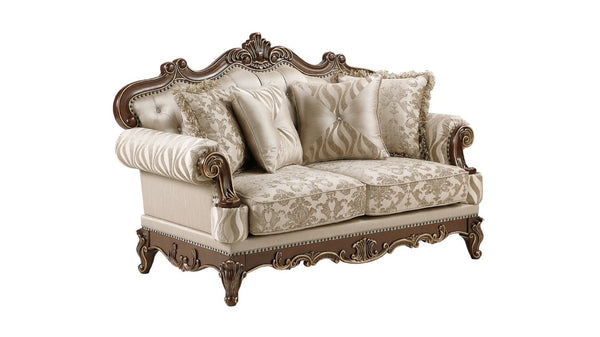 English Elm Lotus Traditional Sofa and Loveseat Set Champagne Gold Fabric with Ornate Wood Frame B009S02447