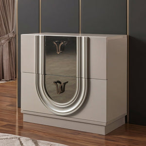 English Elm Lesli King 4 Piece Bedroom Set Upholstered LED Bed Mirrored Dresser Nightstand B009S02452