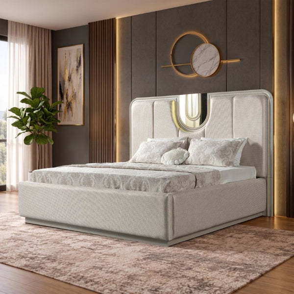 English Elm Lesli King 4 Piece Bedroom Set Upholstered LED Bed Mirrored Dresser Nightstand B009S02452