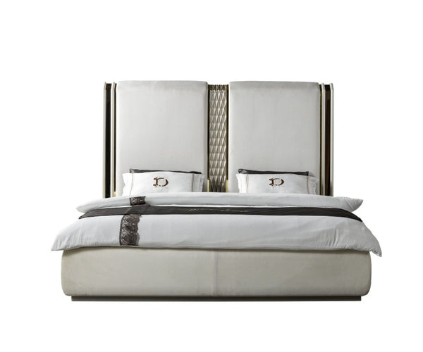 English Elm Latoya King Upholstered Bedroom Set with Tufted Headboard and Champagne Metallic Trim B009S02460