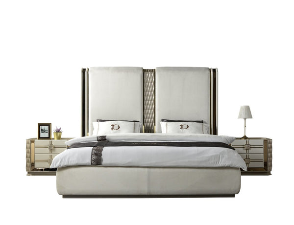 English Elm Latoya King Upholstered Bedroom Set with Tufted Headboard and Champagne Metallic Trim B009S02460