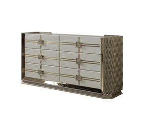 English Elm Latoya King Upholstered Bedroom Set with Tufted Headboard and Champagne Metallic Trim B009S02460