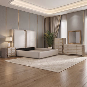 English Elm Latoya Queen Bedroom Set Glam Upholstered Bed Champagne Metallic Geometric Suite B009S02461