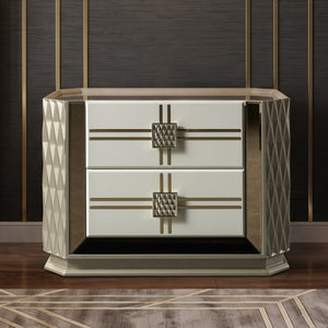 English Elm Latoya Queen Bedroom Set Glam Upholstered Bed Champagne Metallic Geometric Suite B009S02461