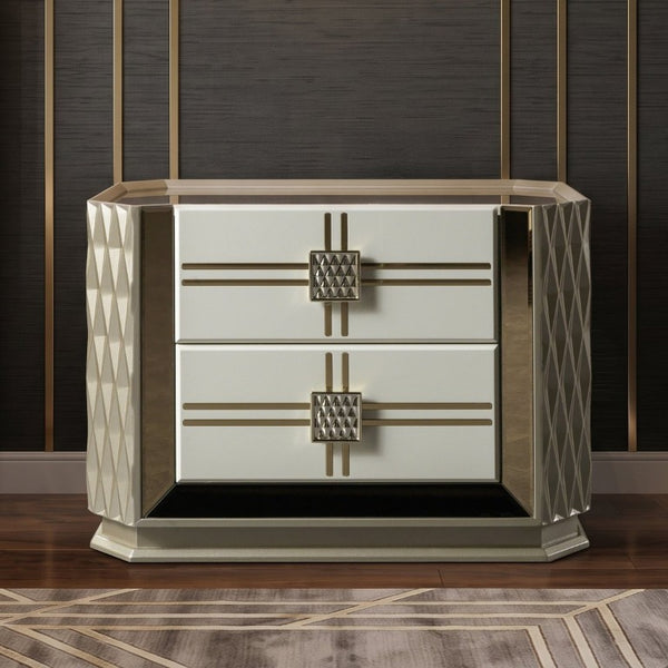 English Elm Latoya Queen Bedroom Set Glam Upholstered Bed Champagne Metallic Geometric Suite B009S02461