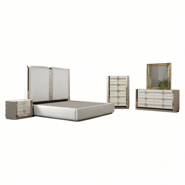English Elm Latoya Queen Bedroom Set Glam Upholstered Bed Champagne Metallic Geometric Suite B009S02461