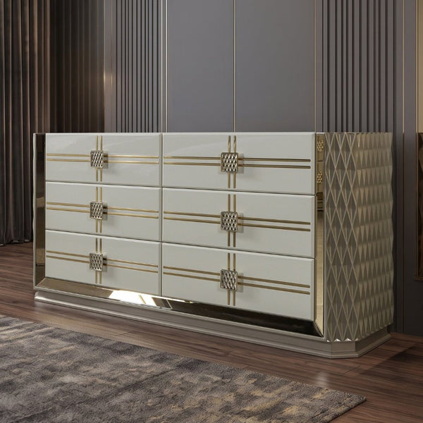 English Elm Latoya Queen Bedroom Set Glam Upholstered Bed Champagne Metallic Geometric Suite B009S02461