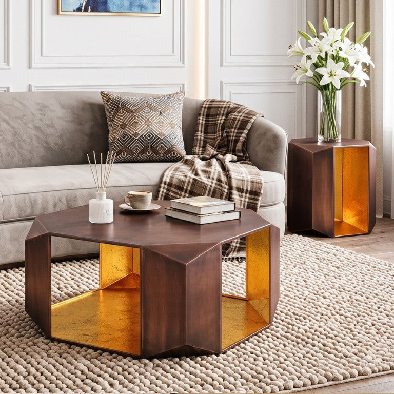 English Elm 529 Hexagonal Aluminum Two Piece Table Set with Dual Tone Metallic Finish for Modern Living Copper B009S02467