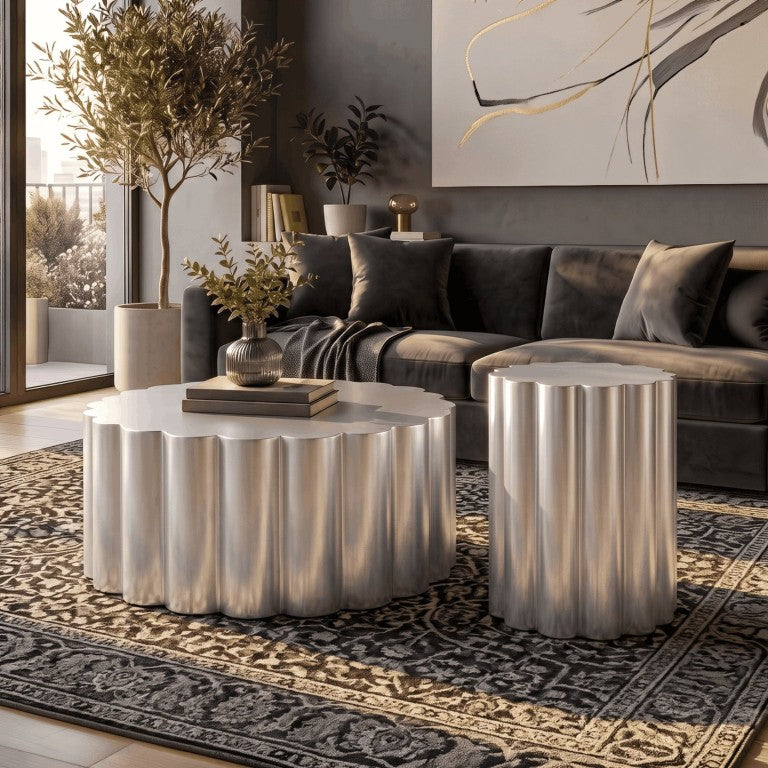 English Elm 301 Modern Sculptural Aluminum 2 Piece Table Set with Scalloped Antique Silver Finish B009S02468