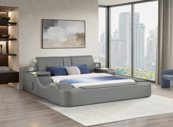 English Elm Zoya King Platform Bed Faux Leather with Massage Bluetooth Storage and Reading Lights Gray B009S02471