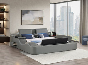 English Elm Zoya King Platform Bed Faux Leather with Massage Bluetooth Storage and Reading Lights Gray B009S02471