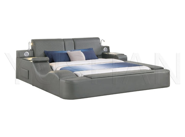 English Elm Zoya King Platform Bed Faux Leather with Massage Bluetooth Storage and Reading Lights Gray B009S02471