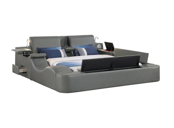 English Elm Zoya King Platform Bed Faux Leather with Massage Bluetooth Storage and Reading Lights Gray B009S02471