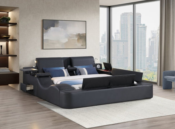 English Elm Zoya King Platform Bed Faux Leather with Massage Bluetooth Storage and Reading Lights Black B009S02472