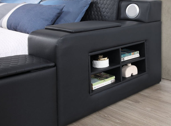 English Elm Zoya King Platform Bed Faux Leather with Massage Bluetooth Storage and Reading Lights Black B009S02472