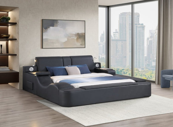 English Elm Zoya King Platform Bed Faux Leather with Massage Bluetooth Storage and Reading Lights Black B009S02472