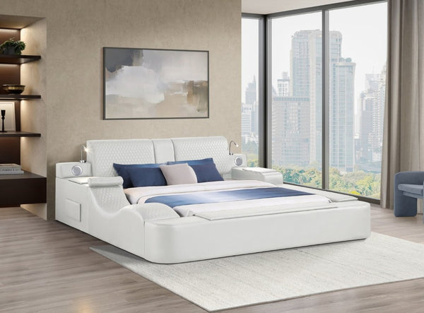 English Elm Zoya King Platform Bed Faux Leather with Massage Bluetooth Storage and Reading Lights Beige B009S02473