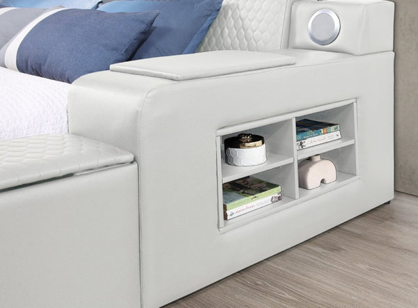 English Elm Zoya King Platform Bed Faux Leather with Massage Bluetooth Storage and Reading Lights Beige B009S02473