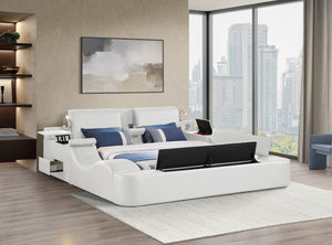 English Elm Zoya King Platform Bed Faux Leather with Massage Bluetooth Storage and Reading Lights Beige B009S02473