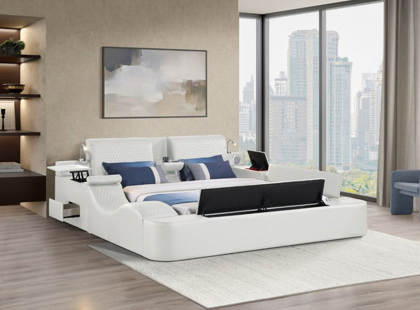 English Elm Zoya King Platform Bed Faux Leather with Massage Bluetooth Storage and Reading Lights Beige B009S02473