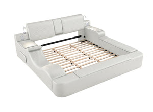 English Elm Zoya King Platform Bed Faux Leather with Massage Bluetooth Storage and Reading Lights Beige B009S02473
