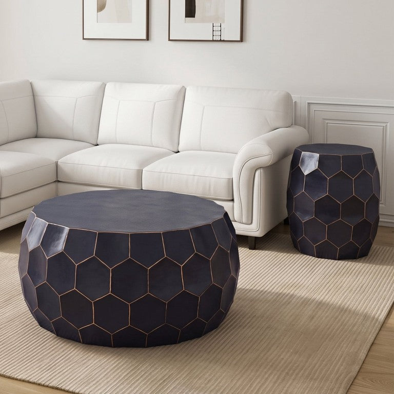English Elm Ct101 Hand-Hammered Iron 2-Piece Table Set Matte Black Drum Silhouette Living Room B009S02479