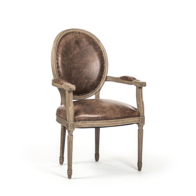 Zentique Medallion Oak Arm Chair with Top-Grain Leather & Burlap Accent — Compact Classic Seating, Durable Craftsmanship B009 E255-3 CP035 Jute