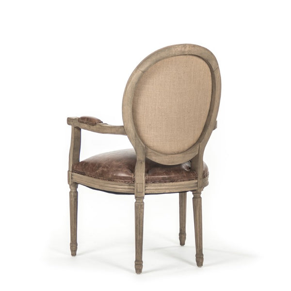 Zentique Medallion Oak Arm Chair with Top-Grain Leather & Burlap Accent — Compact Classic Seating, Durable Craftsmanship B009 E255-3 CP035 Jute
