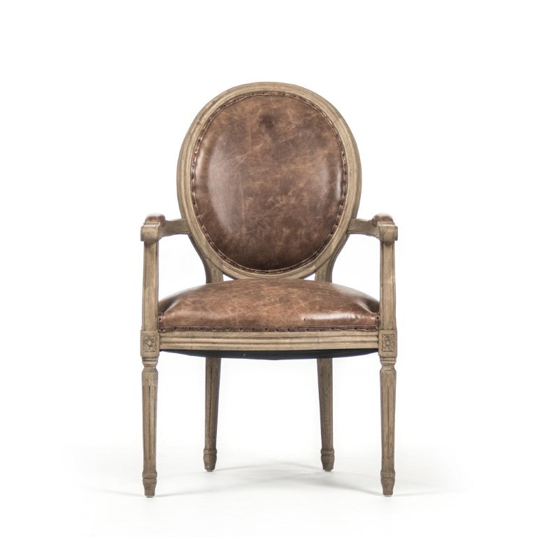 Zentique Medallion Oak Arm Chair with Top-Grain Leather & Burlap Accent — Compact Classic Seating, Durable Craftsmanship B009 E255-3 CP035 Jute