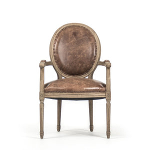 Zentique Medallion Oak Arm Chair with Top-Grain Leather & Burlap Accent — Compact Classic Seating, Durable Craftsmanship B009 E255-3 CP035 Jute