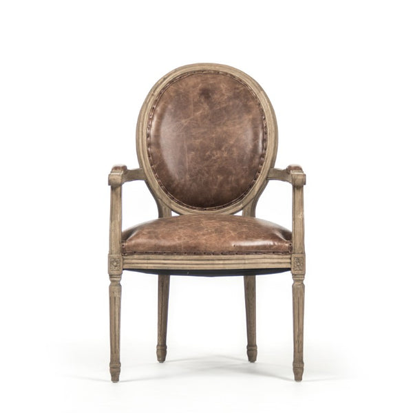 Zentique Medallion Oak Arm Chair with Top-Grain Leather & Burlap Accent — Compact Classic Seating, Durable Craftsmanship B009 E255-3 CP035 Jute