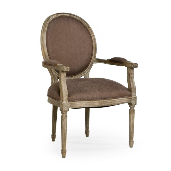 Zentique Medallion Arm Chair with Solid Oak Frame and Breathable Linen Upholstery for Elegant Comfort and Durability Limed Grey Oak, Aubergine Linen B009 E272 A008
