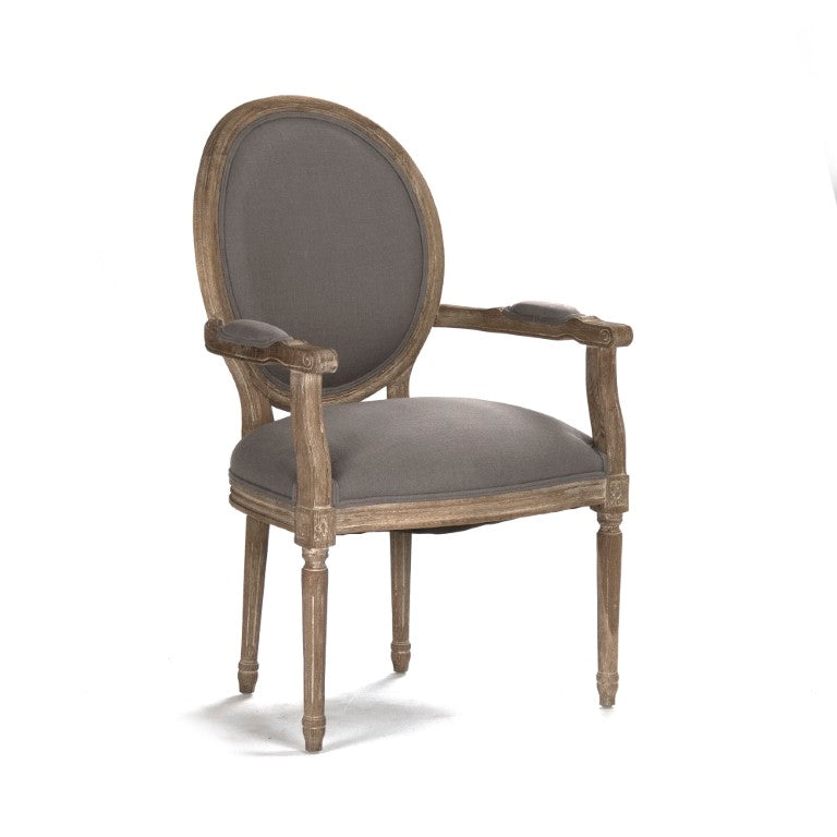 Zentique Medallion Arm Chair with Solid Oak Frame and Breathable Linen Upholstery for Elegant Comfort and Durability Limed Grey Oak, Grey Linen B009 E272 A048