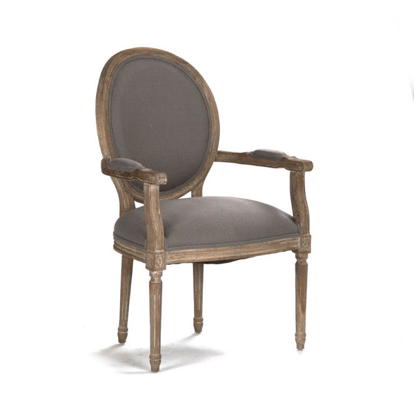 Zentique Medallion Arm Chair with Solid Oak Frame and Breathable Linen Upholstery for Elegant Comfort and Durability Limed Grey Oak, Grey Linen B009 E272 A048