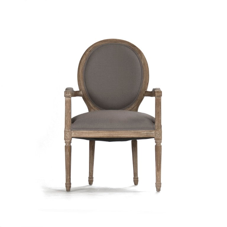 Zentique Medallion Arm Chair with Solid Oak Frame and Breathable Linen Upholstery for Elegant Comfort and Durability Limed Grey Oak, Grey Linen B009 E272 A048