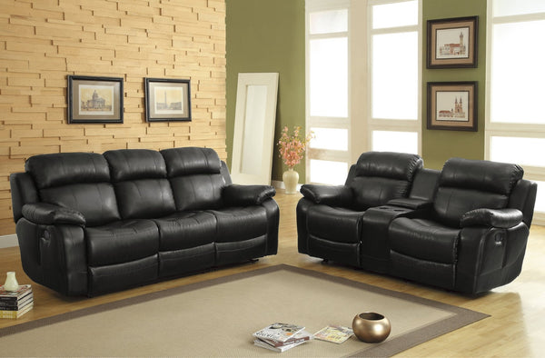 English Elm Contemporary Faux Leather Dual Reclining Sofa with Built-In Console for Media Rooms B011130715