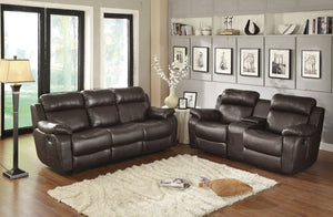 English Elm Contemporary Faux Leather Reclining Sofa with Pocket Coil Support and Drop Down Console B011130716
