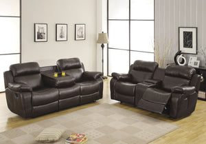English Elm Contemporary Faux Leather Reclining Sofa with Pocket Coil Support and Drop Down Console B011130716