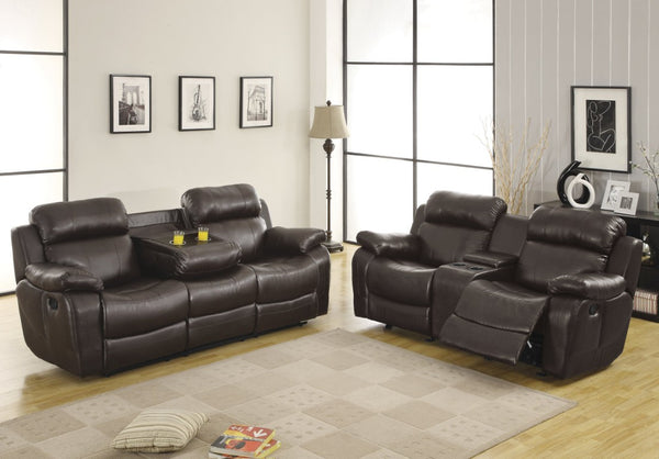 English Elm Contemporary Faux Leather Reclining Sofa with Pocket Coil Support and Drop Down Console B011130716