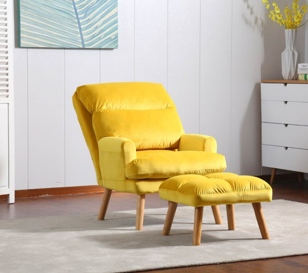 English Elm Soft Adjustable Accent Chair with Ottoman Yellow Woven Fabric and Oak Tapered Legs B01166681