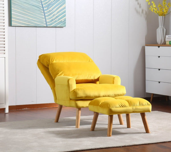 English Elm Soft Adjustable Accent Chair with Ottoman Yellow Woven Fabric and Oak Tapered Legs B01166681