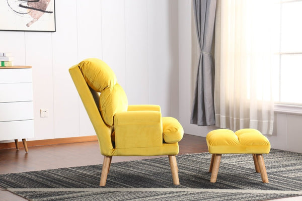 English Elm Soft Adjustable Accent Chair with Ottoman Yellow Woven Fabric and Oak Tapered Legs B01166681
